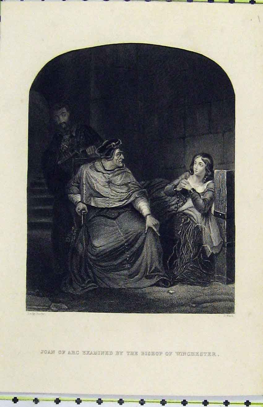Original Old Antique Print C1850 Joan Arc Examined Bishop Wincheseter White