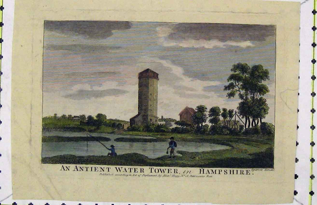 Original Old Antique Print Colour View Ancient Water Tower Hampshire C1850 19th