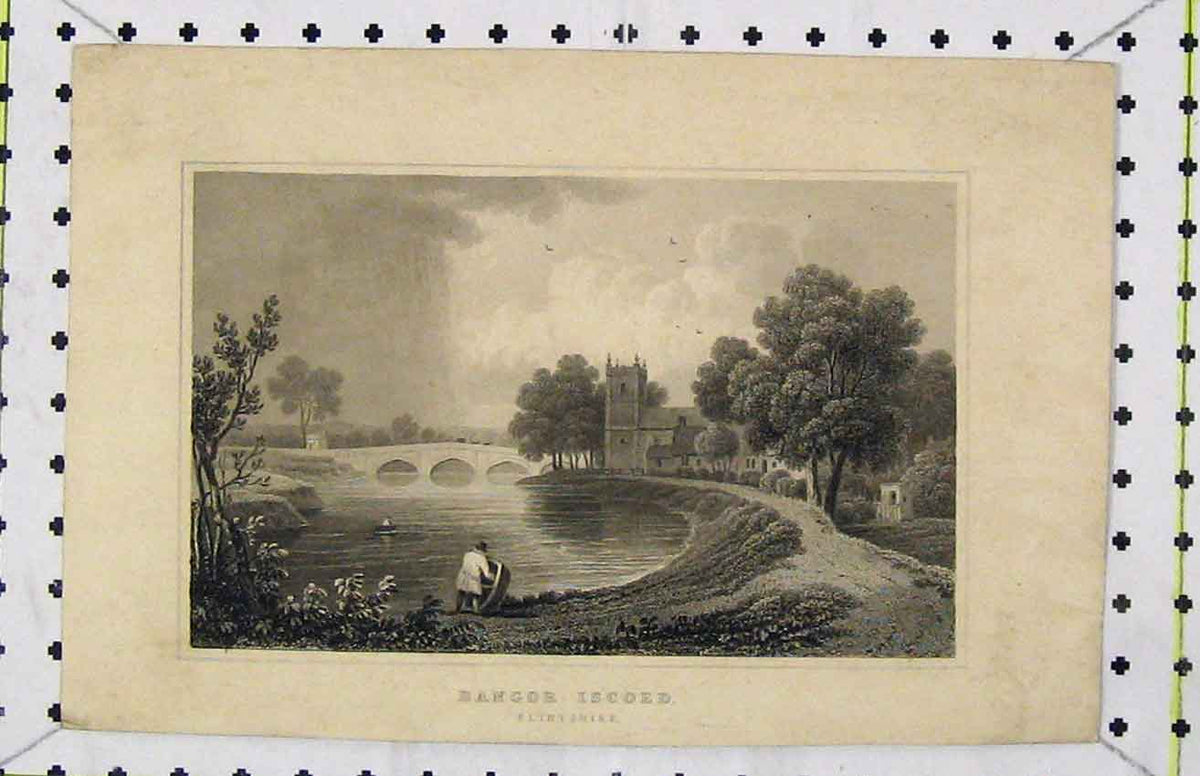 Original Old Antique Print Steel Engraving View Bangor Iscoed Flintshire C1850