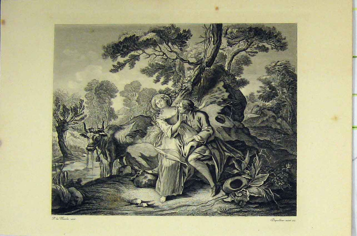Original Old Antique Print C1850 Steel Engraving Woman Man Romance River Cow