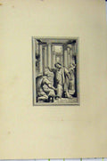 Original Old Antique Print C1850 Steel Engraving Men Greeting Interior Pillars