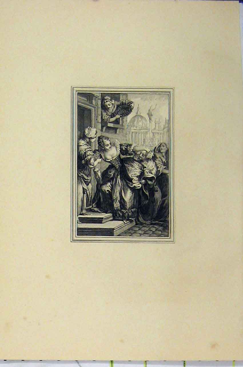 Original Old Antique Print C1850 Steel Engraving Women Doorstep Fighting 19th