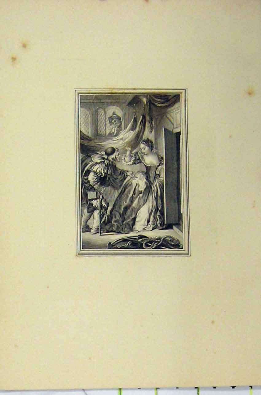 Original Old Antique Print C1850 Steel Engraving Woman Man Begging Door Step