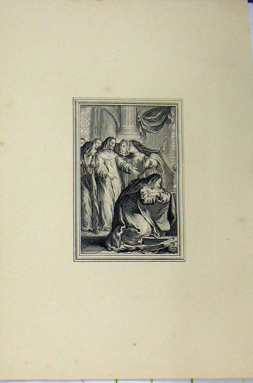 Original Old Antique Print C1850 Steel Engraving Nuns Women Church Victorian