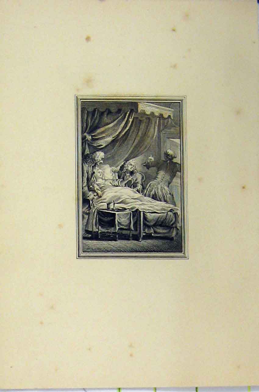 Original Old Antique Print C1850 Steel Engraving Men Wigs Woman Lying Bed 19th