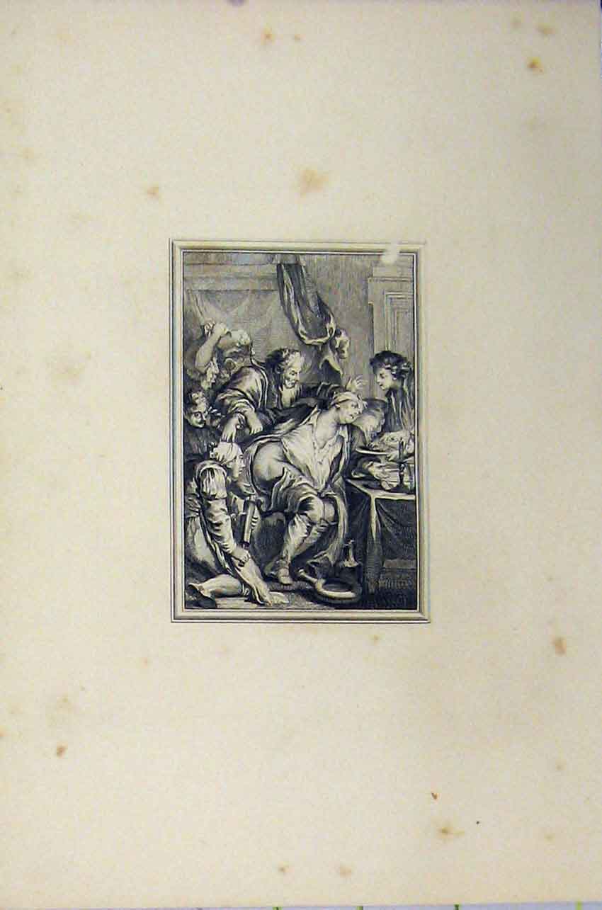 Original Old Antique Print C1850 Steel Engraving Men Begging Food Table 19th