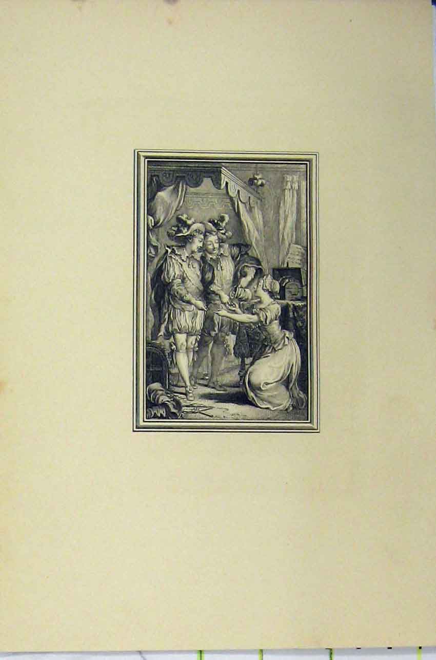 Original Old Antique Print C1850 Steel Engraving Men Woman Begging Victorian