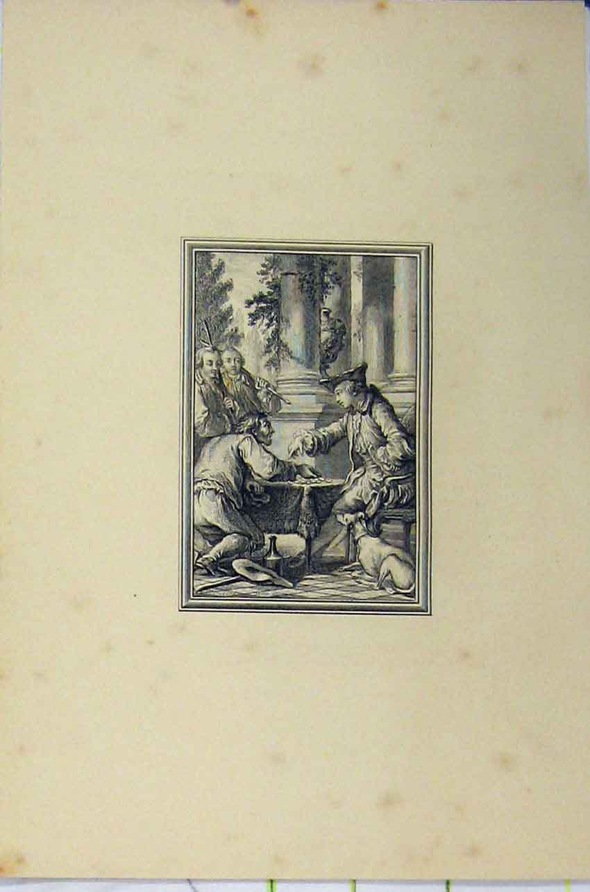 Original Old Antique Print C1850 Steel Engraving Men Table Money Selling Dog