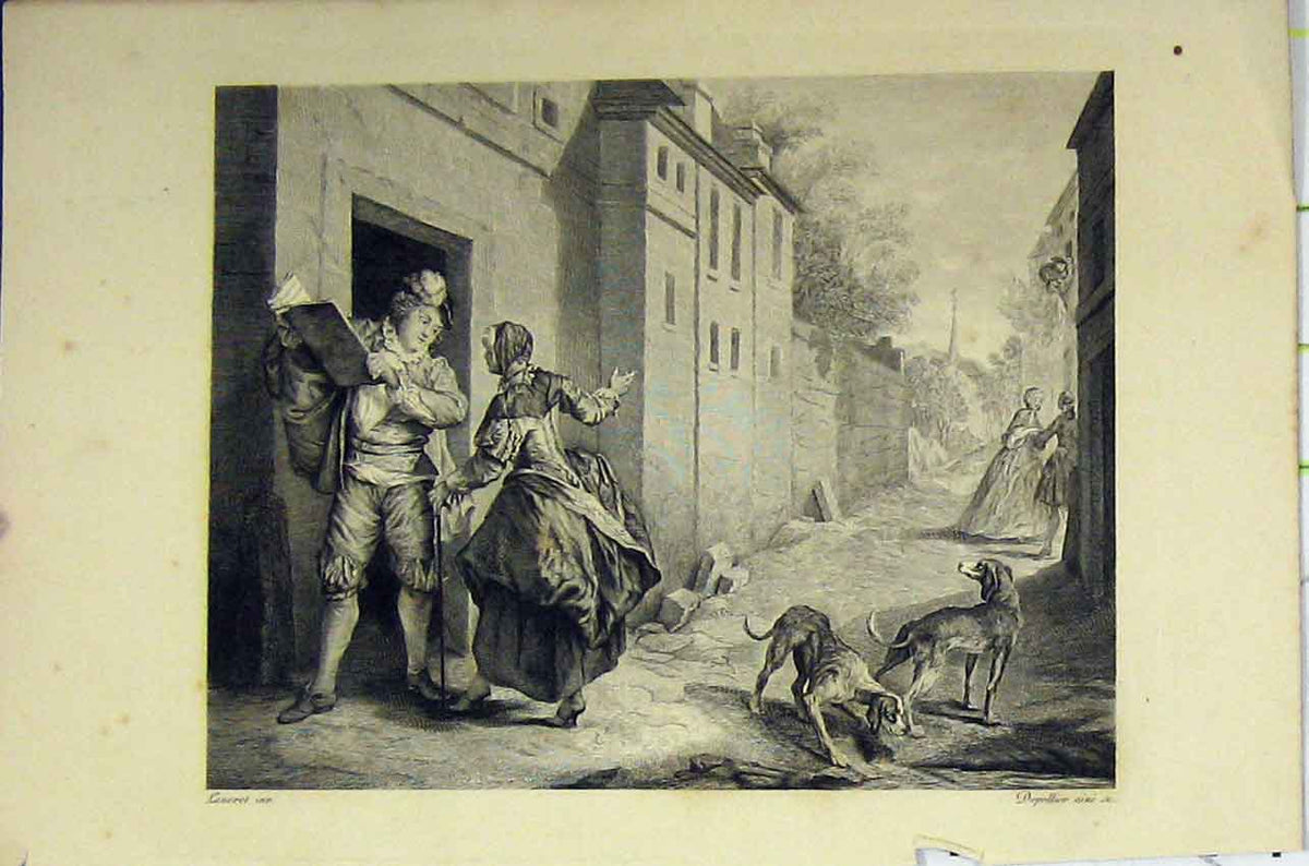 Original Old Antique Print Street Scene C1850 Man Book Dogs Woman Begging 19th