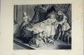Old Antique Print C1850 Steel Engraving Dog Woman Lying Bed Man Romance 19th