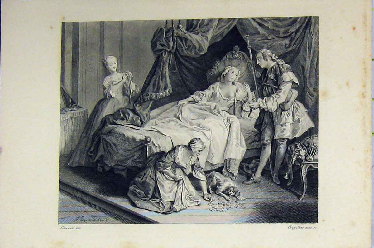 Old Antique Print C1850 Steel Engraving Dog Woman Lying Bed Man Romance 19th