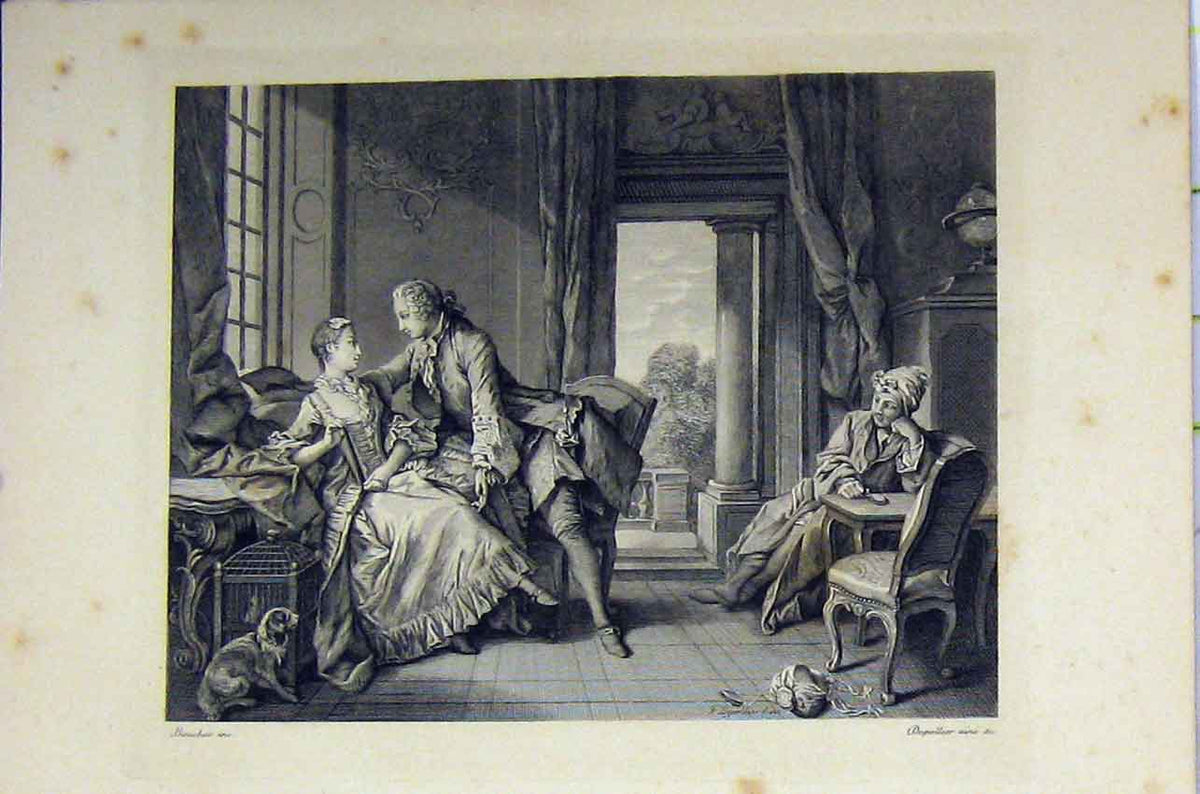 Original Old Antique Print Man Woman Chair Romance C1850 Steel Engraving Dog