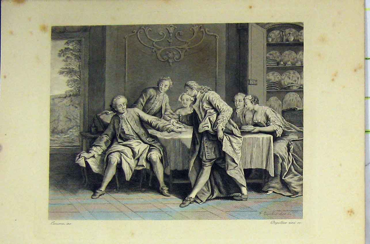 Original Old Antique Print C1850 Steel Engraving Men Dnner Table 19th