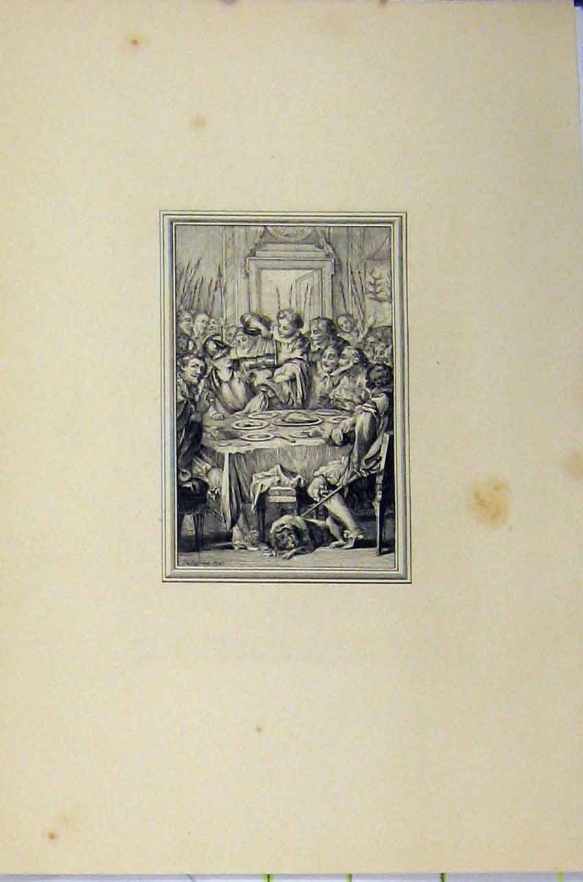 Original Old Antique Print Banquet Table Scene C1850 Steel Engraving Men Eating