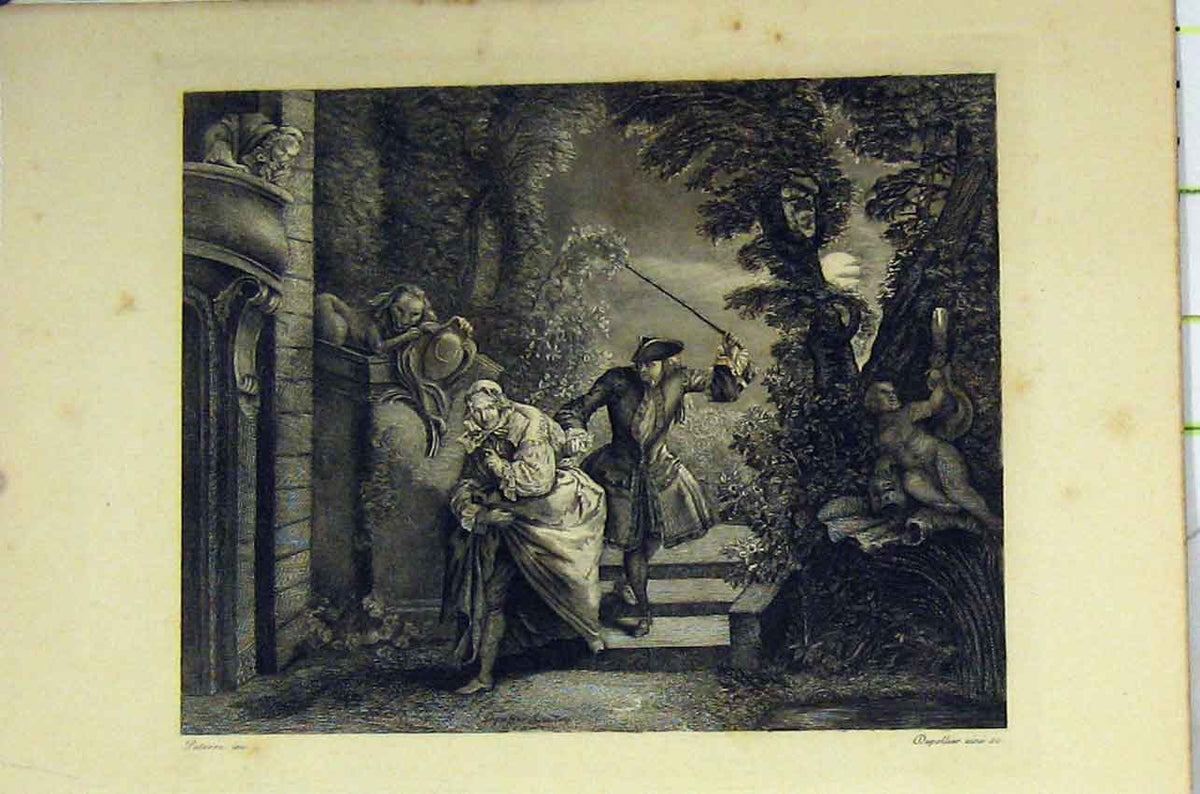 Original Old Antique Print Man Chasing Thief C1850 Garden Scene Steel Engraving