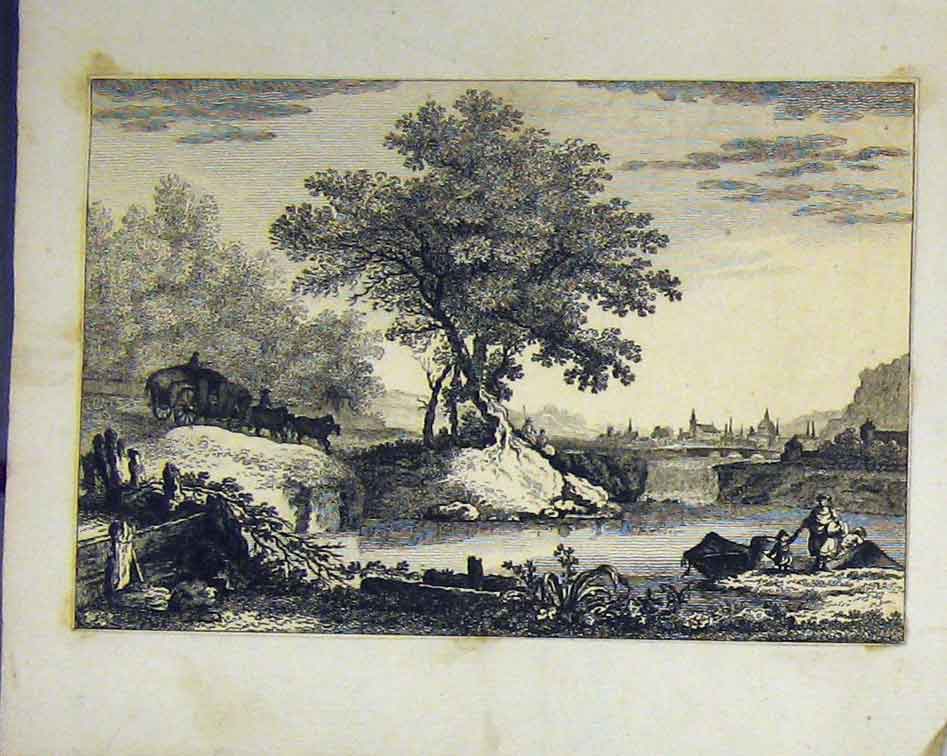 Original Old Antique Print Country Scene C1810 Horse Cart Trees River Engraving