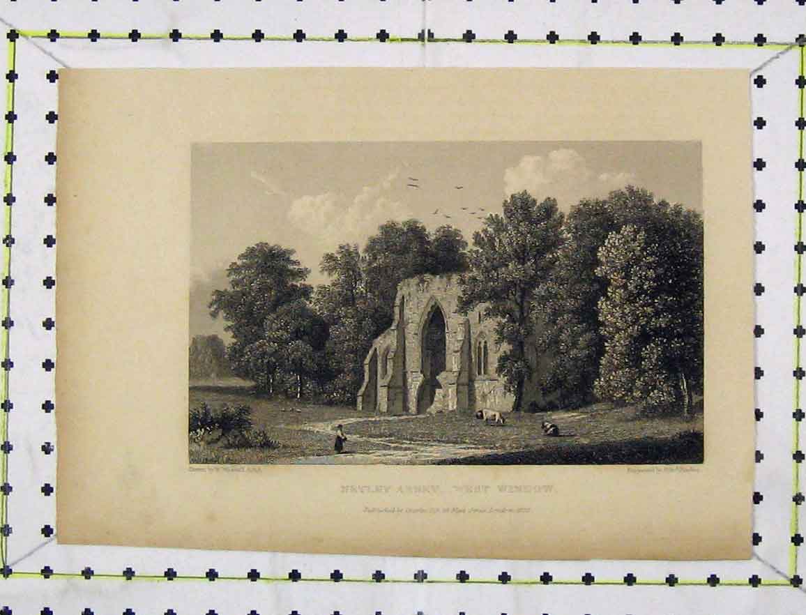 Old Antique Print 1829 Steel Engraving View Netley Abbey West Window Tree 19th