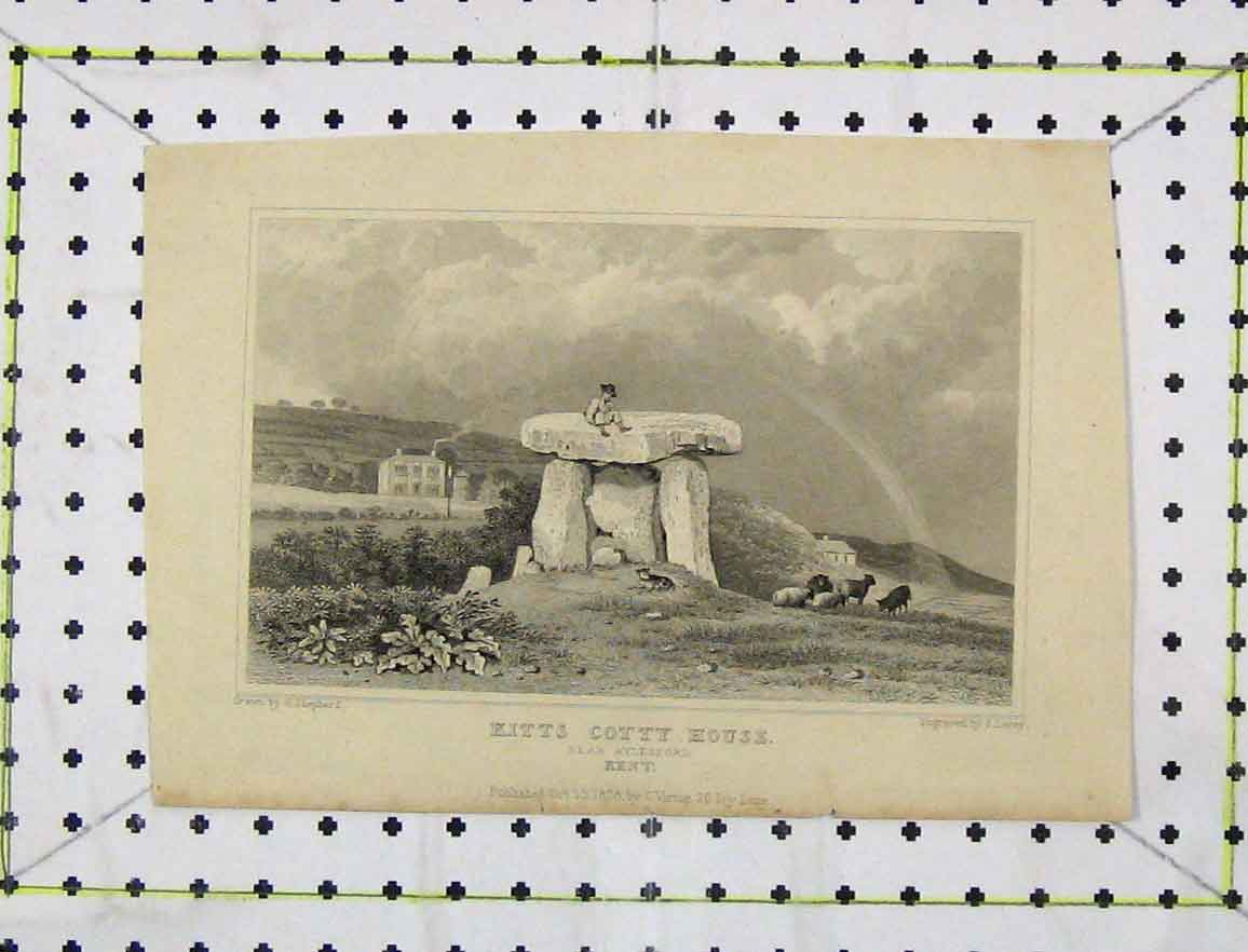 Original Old Antique Print 1828 View Kitts Cotty House Aylesford Kent Engraving