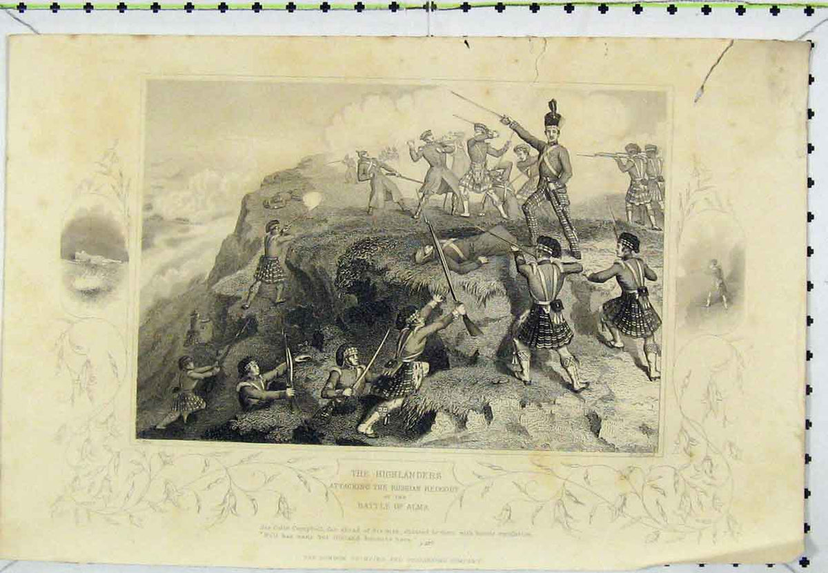 Old Antique Print C1850 Highlanders Attacking Russian Redoubt Battle Alma 19th