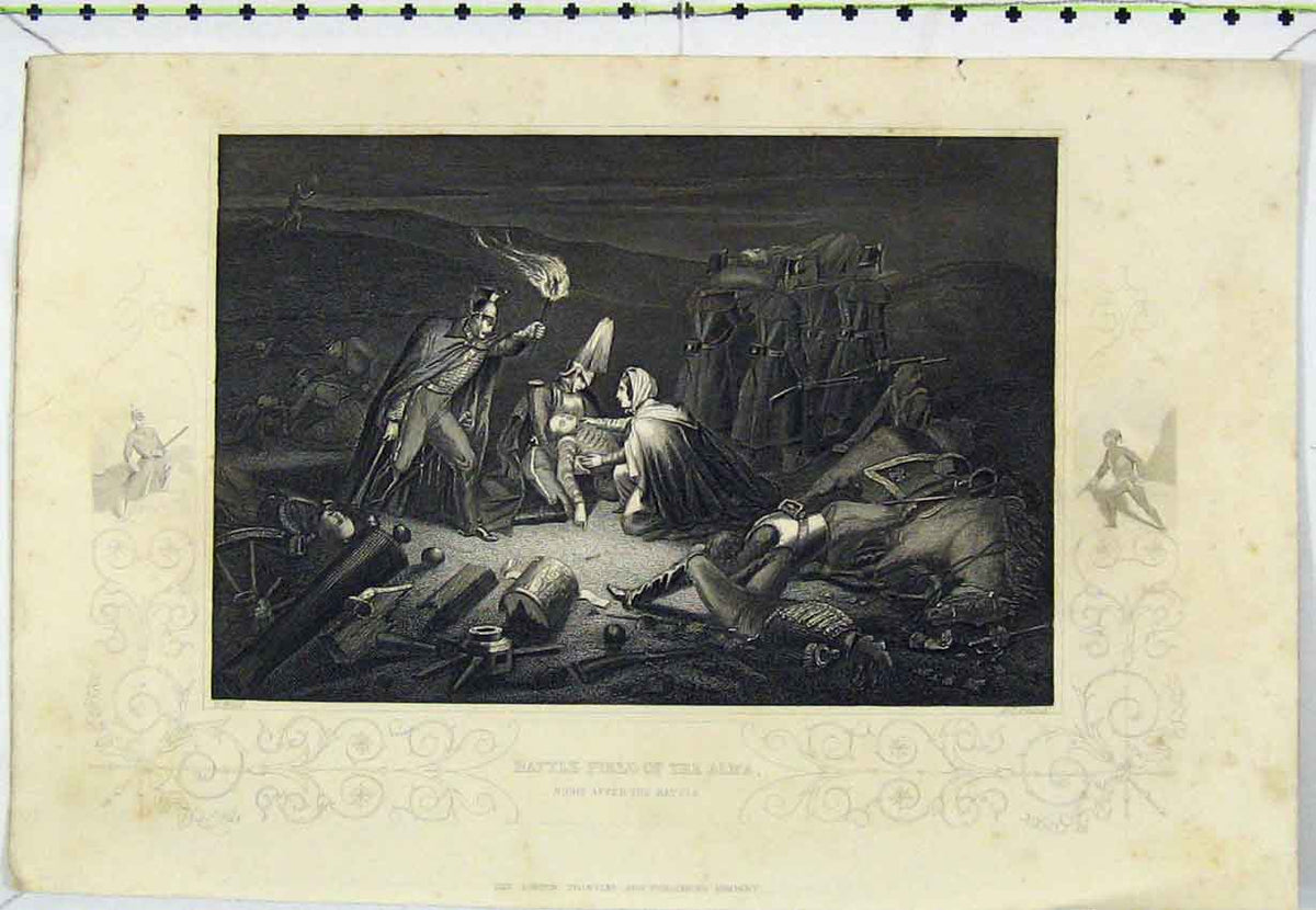 Original Old Antique Print C1850 Battle Field Alma Injured Steel Engraving War