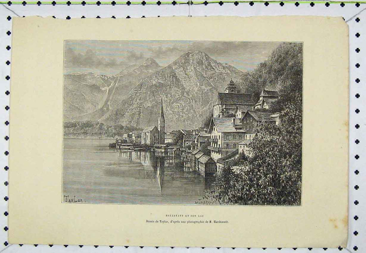 Old Antique Print C1850 Steel Engraving View French Town Mountains Lake 19th