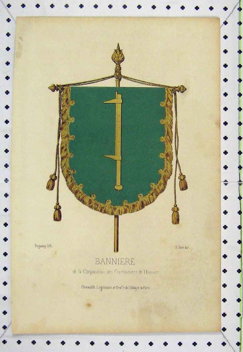 Original Old Antique Print Colour Banner Steel Engraving C1850 Banniere 19th