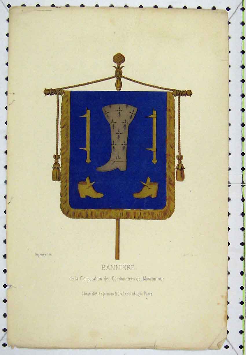 Original Old Antique Print C1850 Colour Blue Banner Flag Boots Engraving 19th