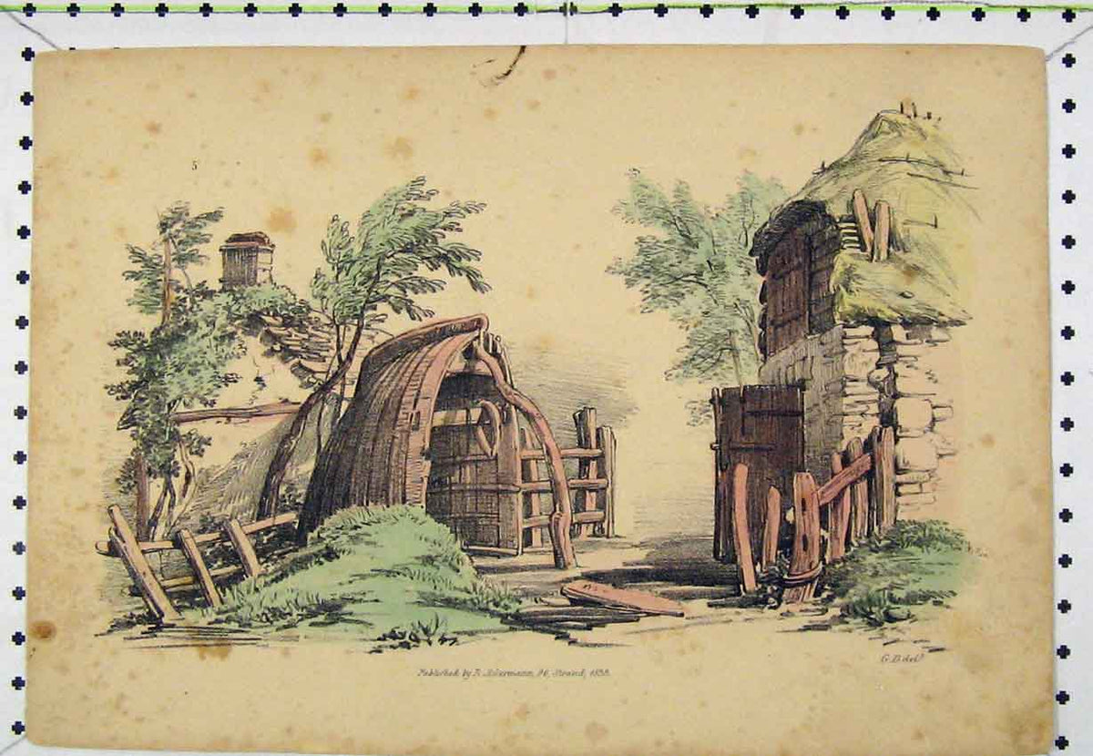 Original Old Antique Print 1833 Colour View Houses Village Steel Engraving 19th