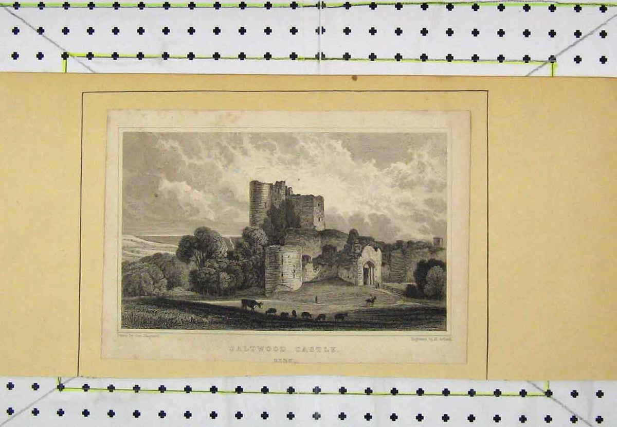 Old Antique Print View Saltwood Castle Kent C1850 Steel Engraving Adlard 19th