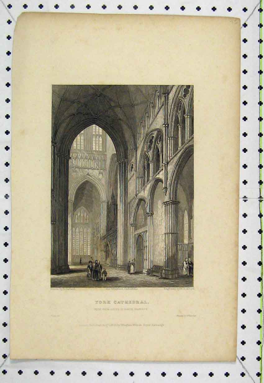 Original Old Antique Print 1835 View South Transept York Cathedral Winkles 19th