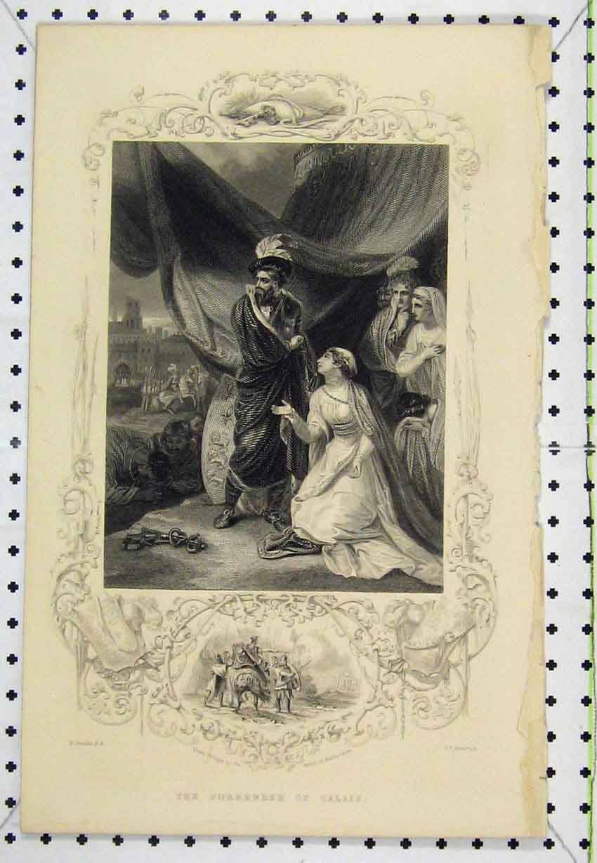 Original Old Antique Print Queen Philippa Battle Nevills Cross Surrender Calais