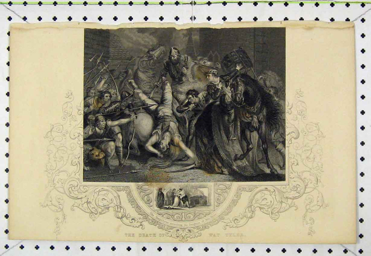 Original Old Antique Print Scene Death Wat Tyler C1850 Taxgatherer Daughter