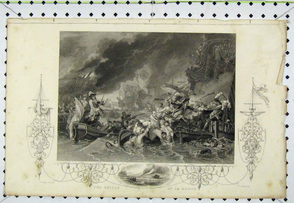 Original Old Antique Print Scene Battle La Hogue War Ship C1850 French Admiral