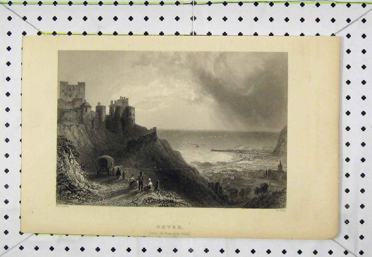 Original Old Antique Print C1850 View Dover Ramsgate Road Castle Sea Scene 19th