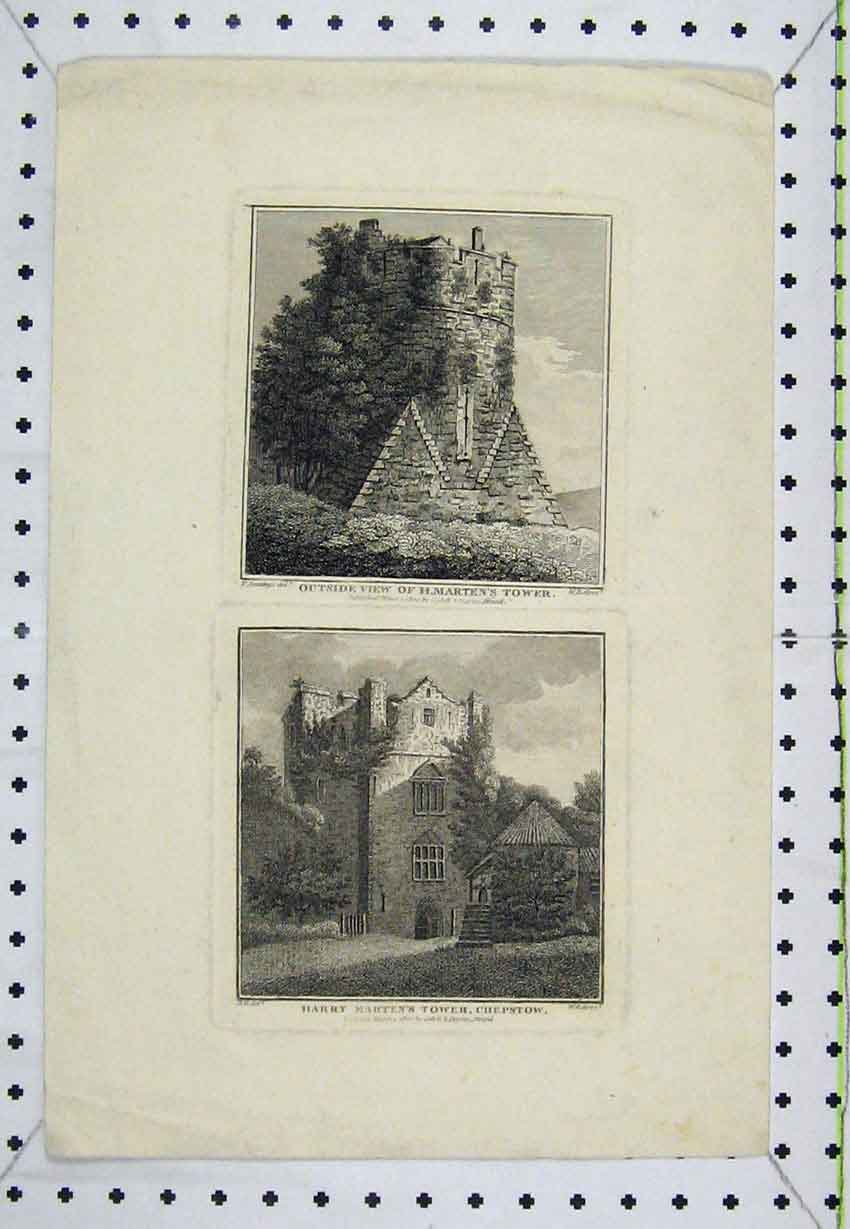 Original Old Antique Print View Harry Marten'S Tower Chepstow 1800 Engraving