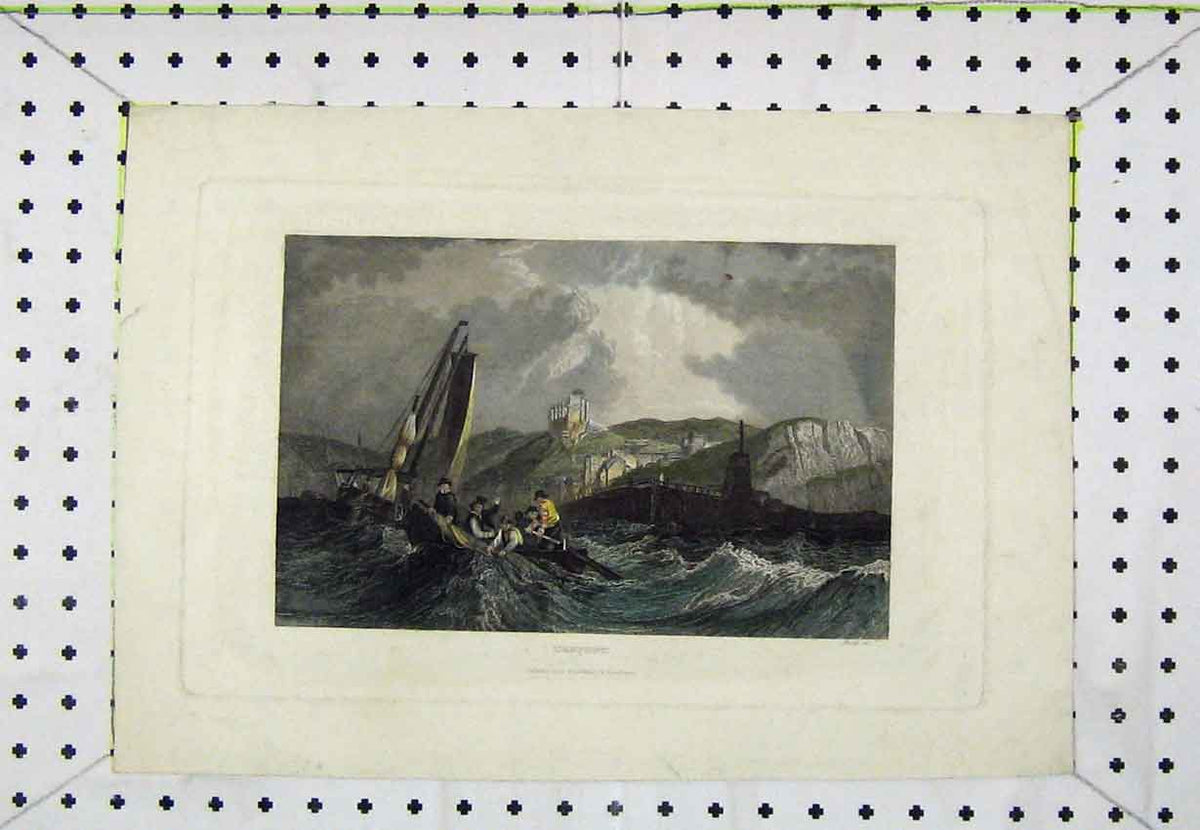 Original Old Antique Print View Treport C1850 Colour Stormy Sea Sailing Boat