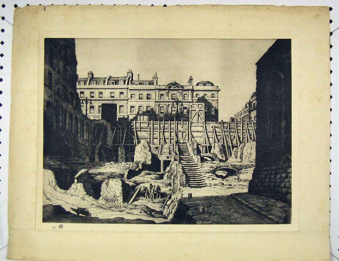 Original Old Antique Print View Men Working Bombed Building Crater
