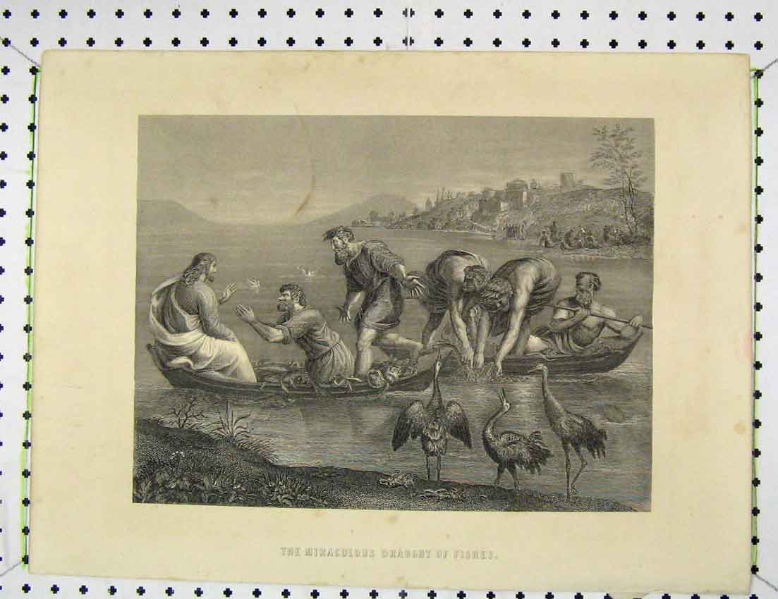 Original Old Antique Print Engraving Scene Miraculous Draught Fishes
