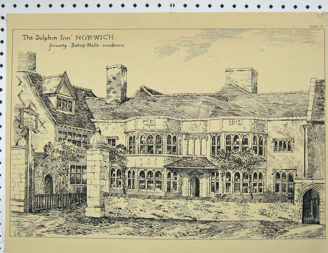 Original Old Antique Print View Dolphin Inn Bishop Hall Residence