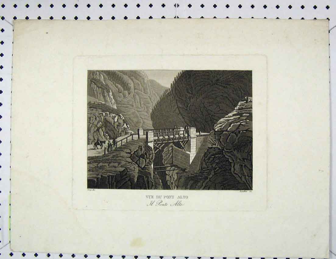 Original Old Antique Print Engraving View Vue Du Pont Alto Bridge Hills