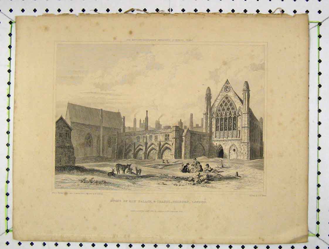 Old Antique Print 1828 View Ruins Ely Palace Chapel Holborn London Keux 19th