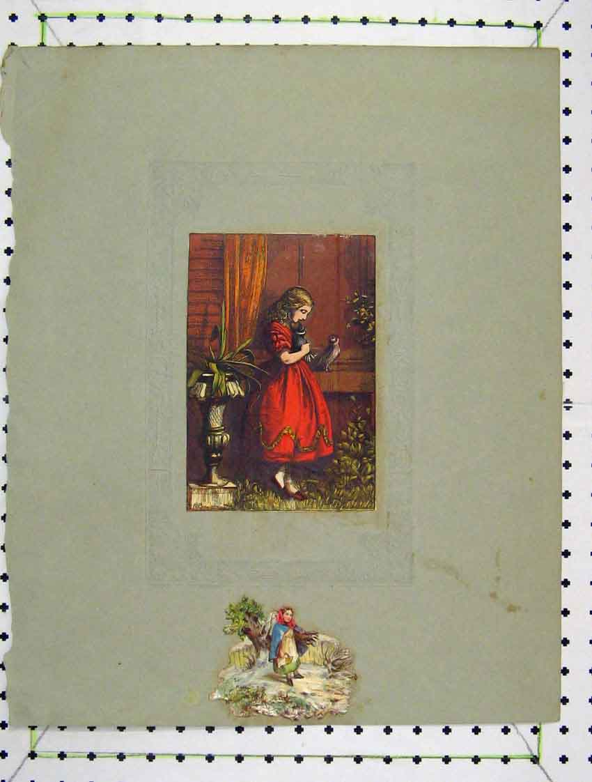 Original Old Antique Print Colour Young Girl Red Dress Birds Garden
