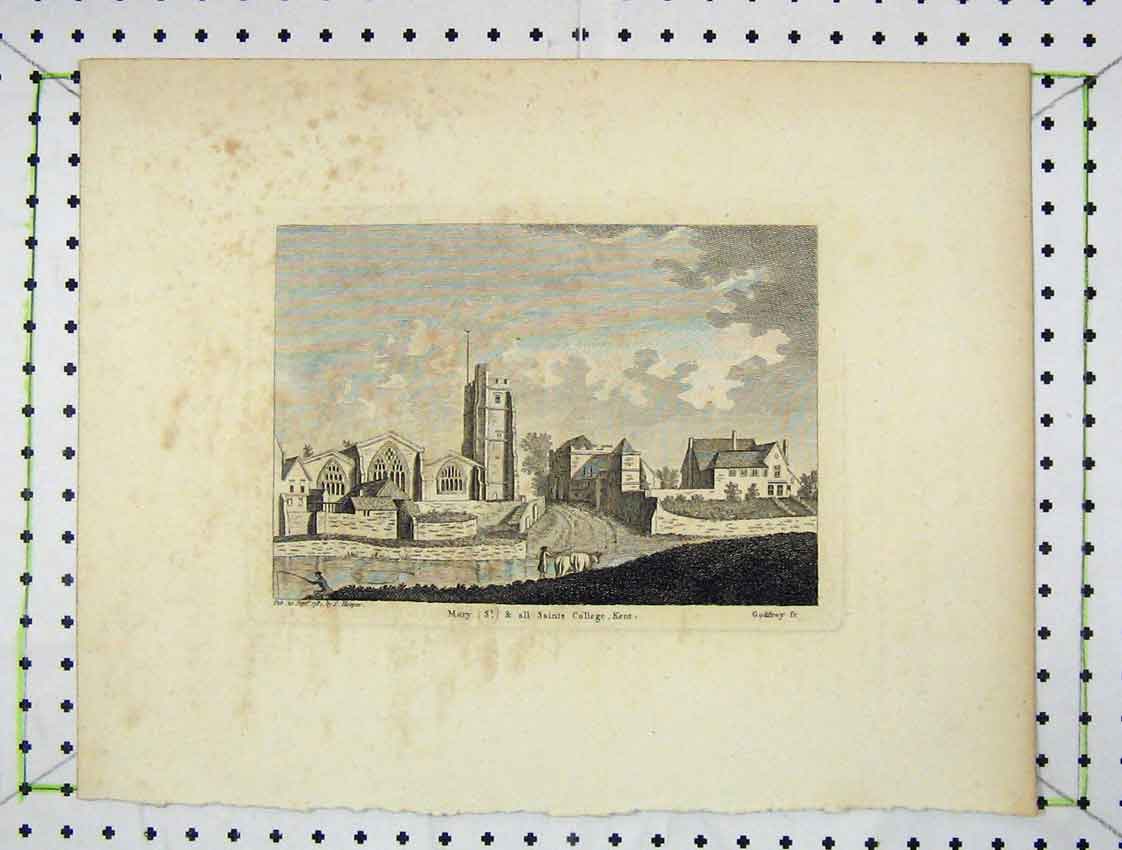Original Old Antique Print Engraving 1784 View St Mary Saints College Kent 18th
