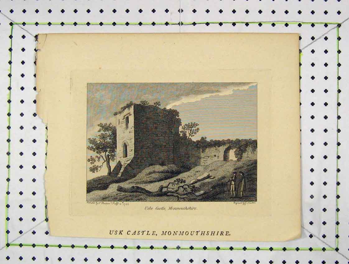 Original Old Antique Print 1786 View Uske Castle Monmouthshire 18th Century