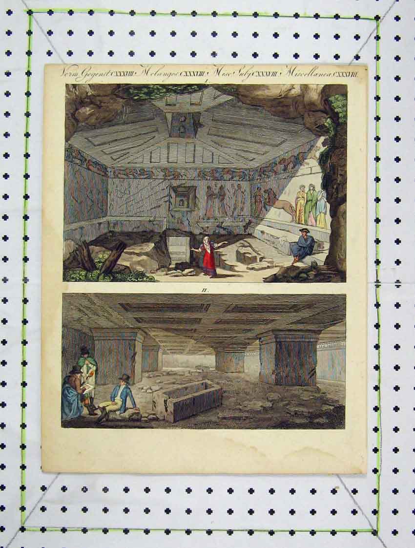 Original Old Antique Print Colour Egyptain Building Underground