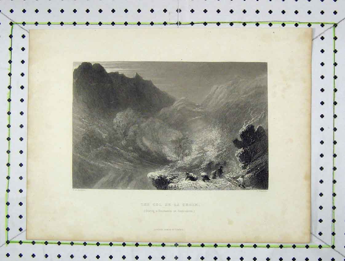 Original Old Antique Print Engraving Col De La Croix Mountains Snow Storm 18th