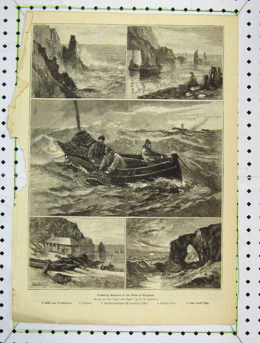 Original Old Antique Print Crabbing Stations West England Hauling Pots Boat Sea