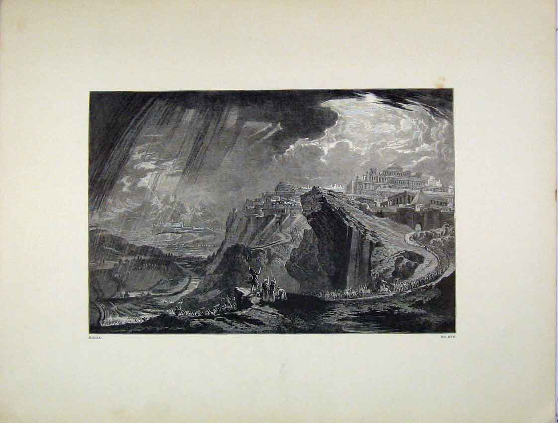 Original Old Antique Print Josua Commanding Sun Standstill Engraved Martin