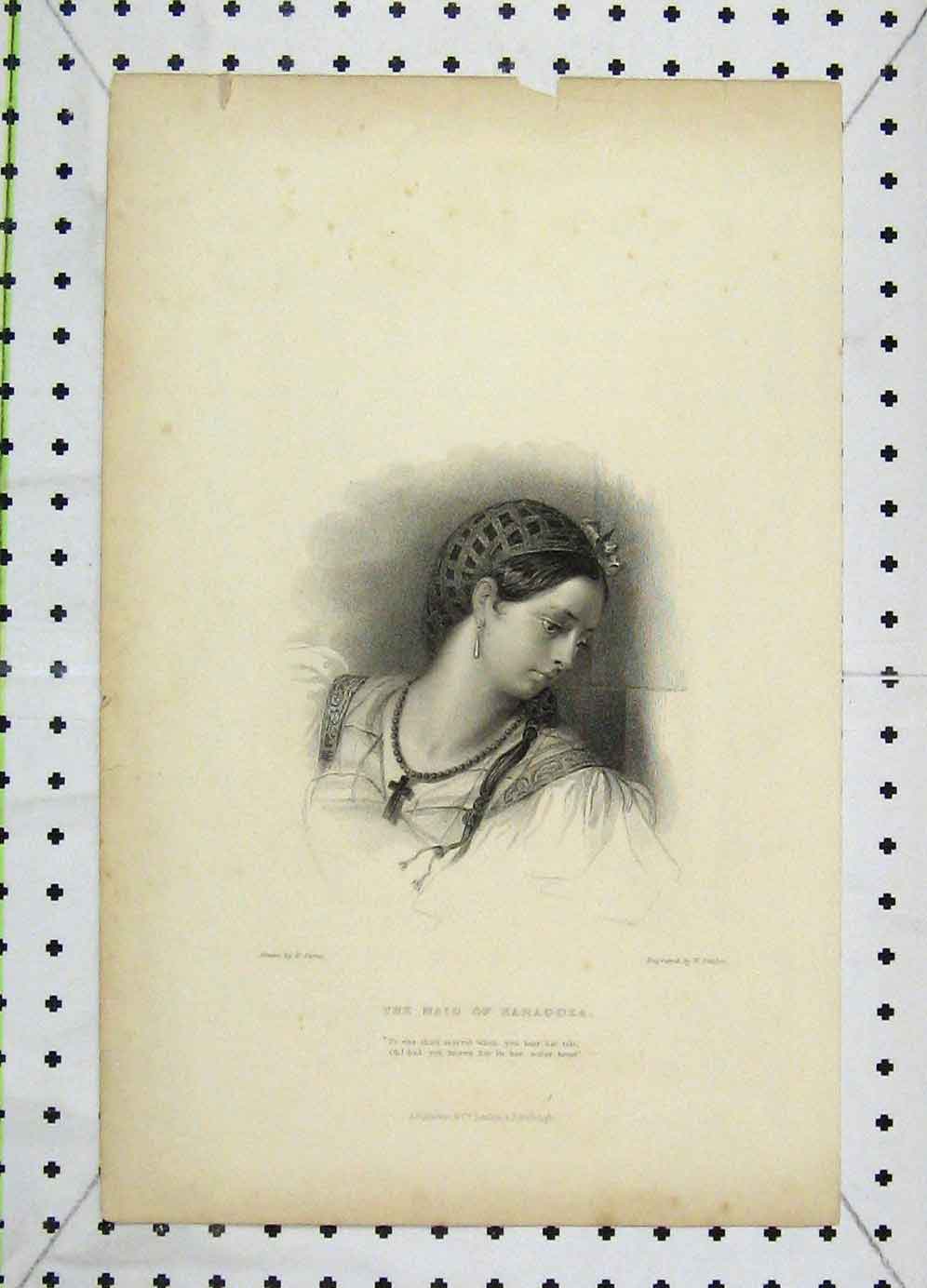 Original Old Antique Print Portrait Maid Saragoza Engraved Finden