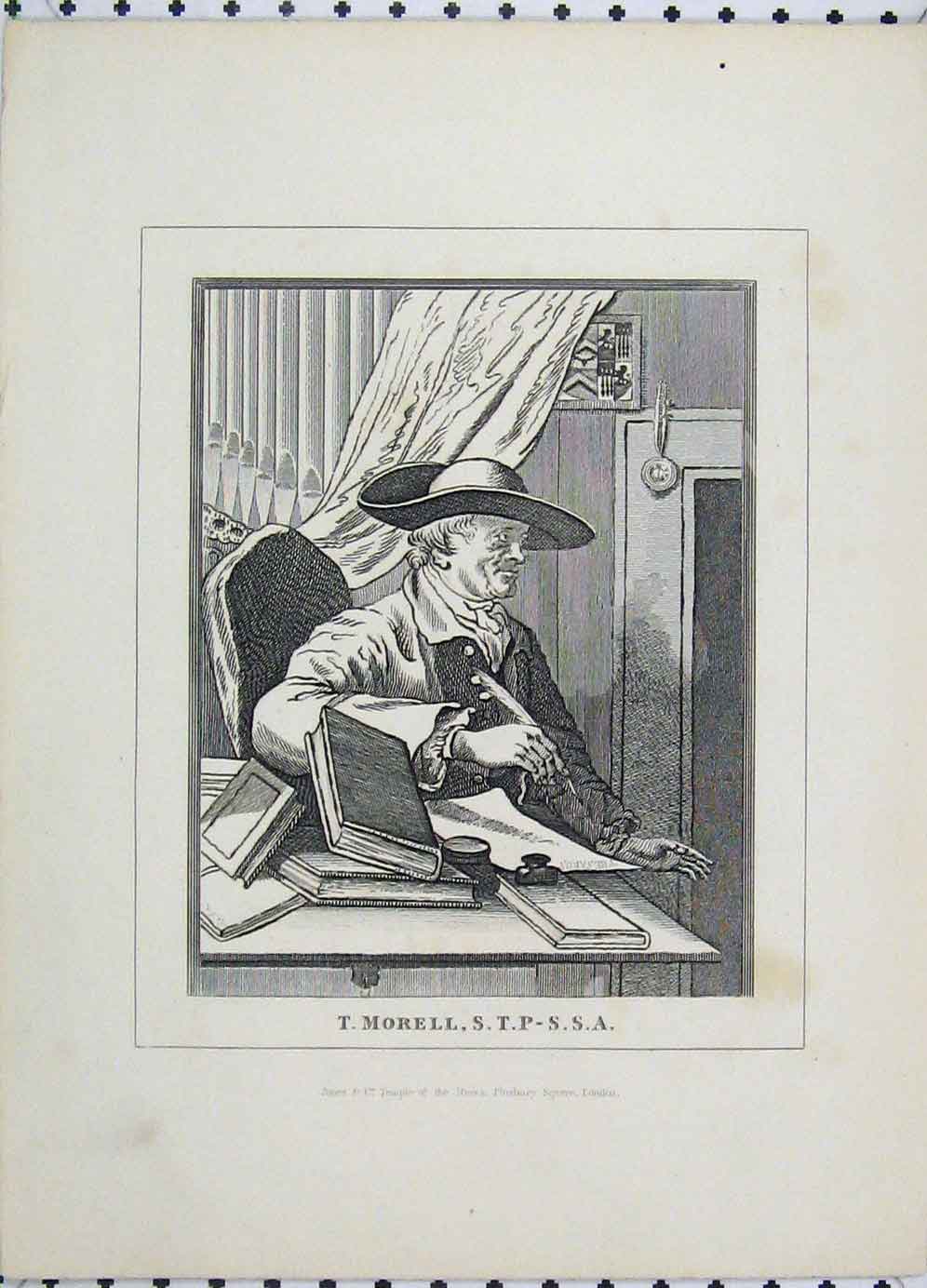 Original Old Antique Print Portrait Morell Writing Book Temple